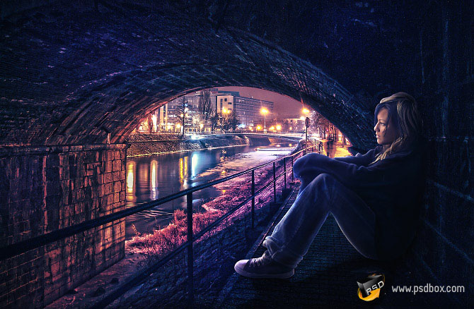 PS合成桥洞中欣赏夜景的孤独美女