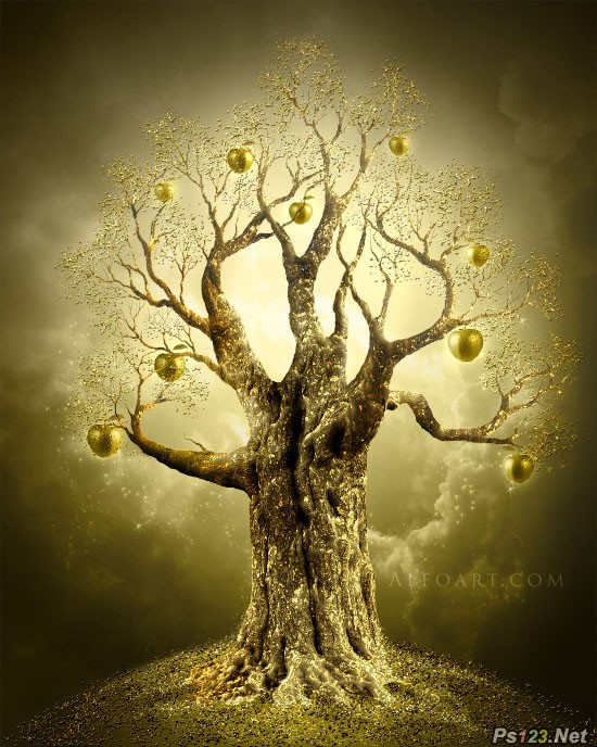 PS合成结满金苹果的梦幻古树