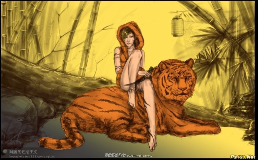 ps制作坐在老虎背上的个性美女壁纸