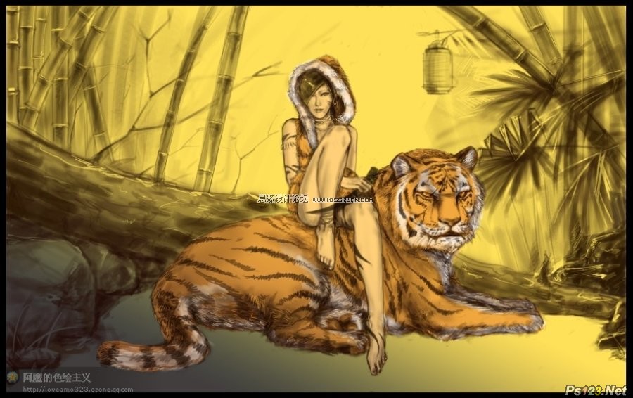 ps制作坐在老虎背上的个性美女壁纸